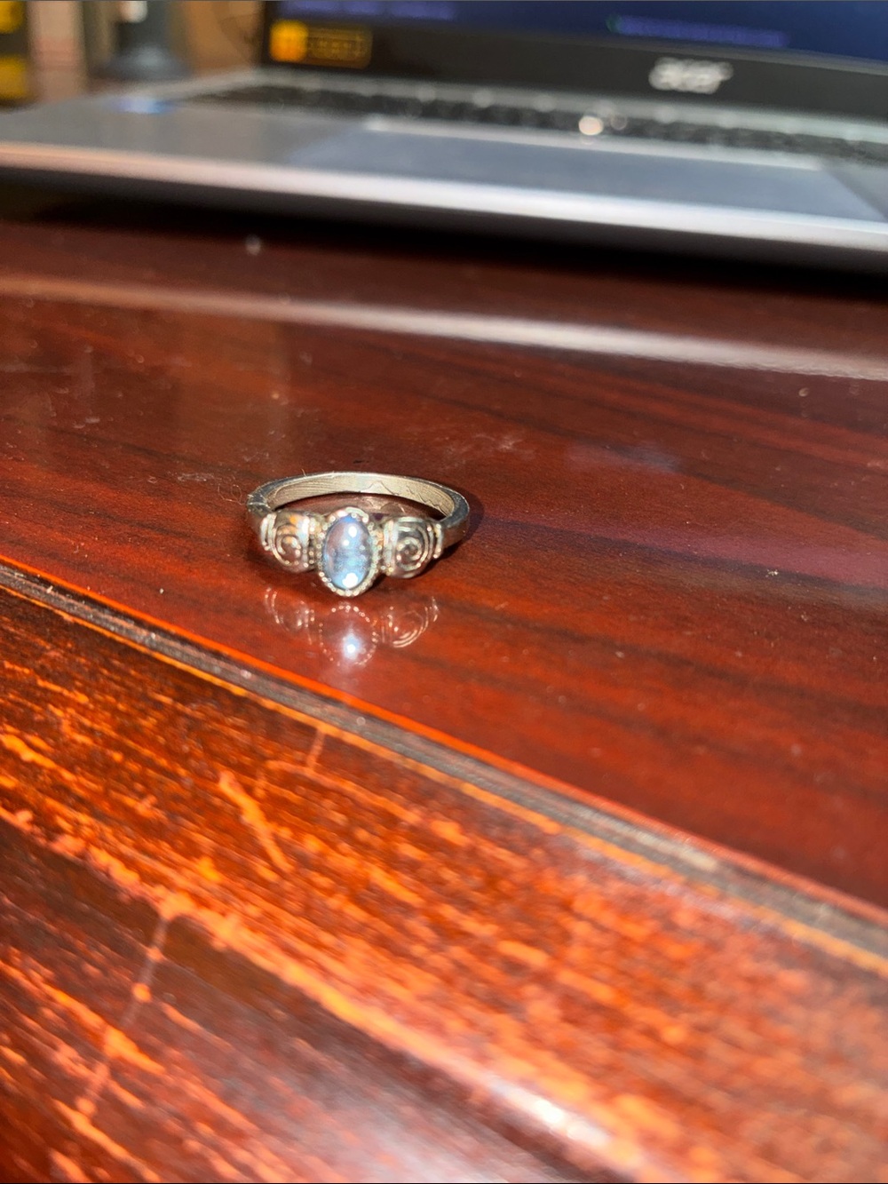 Silver-Tone Oval Blue Opal Accent Ring for Women